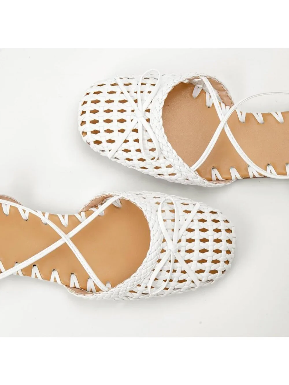 Women's Pearl White Ballet Flats Lace Up Closed Square Toe Summer Dressy Sandals